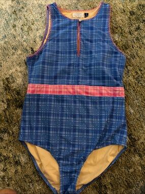 Talbots Blue Plaid One-Piece Swimsuit with Pink Waist Band